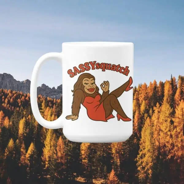 funny cryptid mug featuring bigfoot on a 15 oz coffee cup