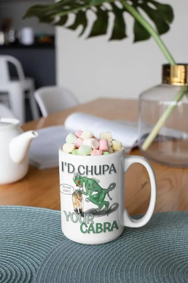 chupacabra mug with hot chocolate