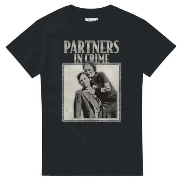partners in crime t-shirt with bonnie and clyde in black
