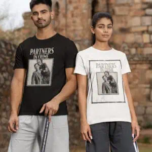 a couple wearing matching bonnie and clyde tees