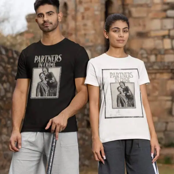 a couple wearing matching bonnie and clyde tees
