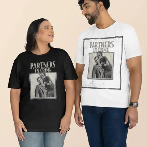 two people in matching partner in crime shirts