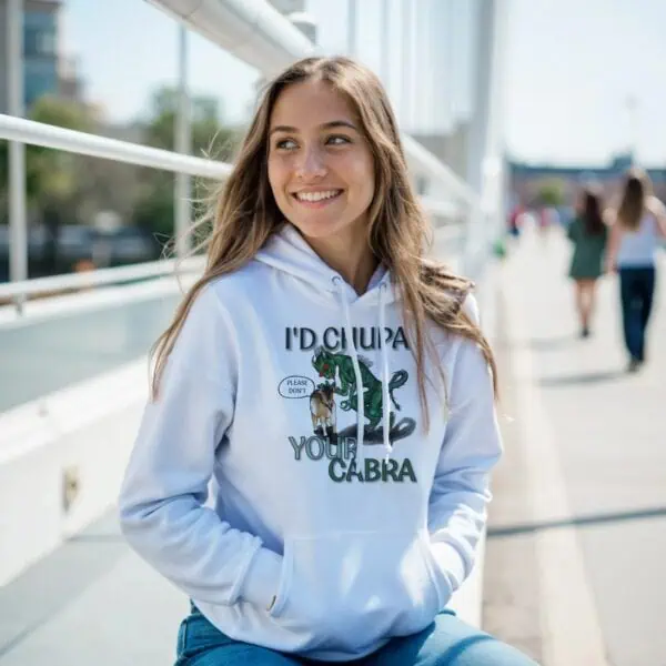 woman smiling in while cryptid hoodie