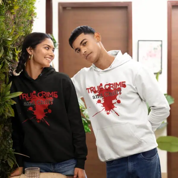 couple wearing funny crime junkie hoodies