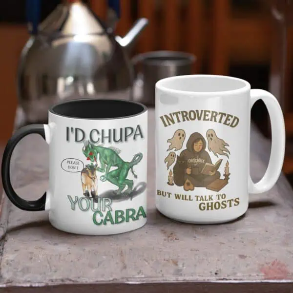 cryptid mug and paranormal mug side-by-side