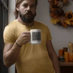 man holding 15oz coffee mug to support suicide hotline