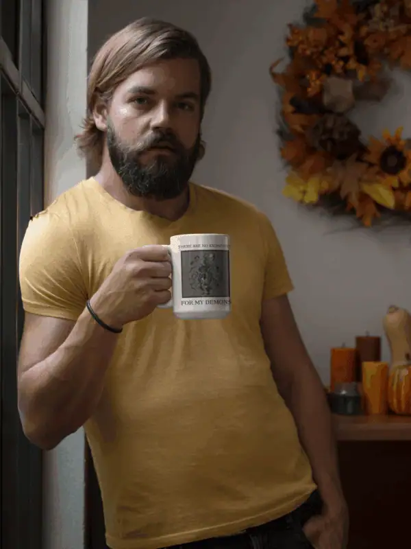 man holding 15oz coffee mug to support suicide hotline
