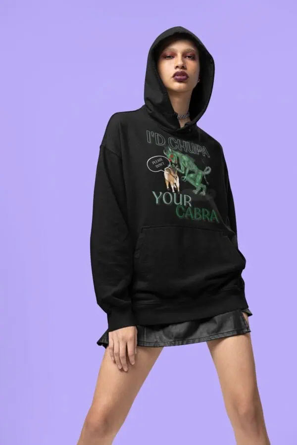 alternative girl in black chupacabra cryptid hoodie