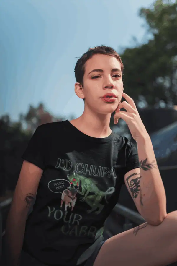 Alternative fashion girl wearing cryptid tee shirt