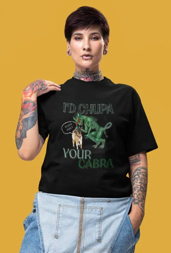 flirty woman wearing cryptid-core chupacabra t-shirt