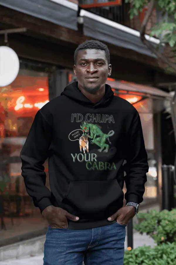 Man in black chupacabra hoodie