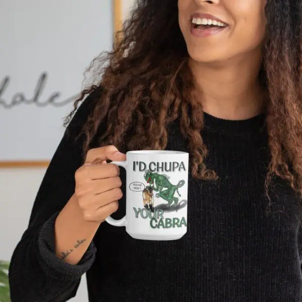 woman drinking coffee from 15oz chupacabra mug