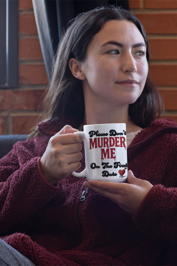 woman holding dark humor true crime mug