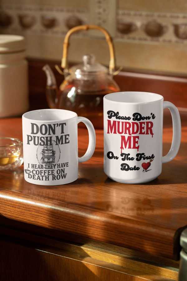 side by side of dark humor coffee mugs for true crime lovers