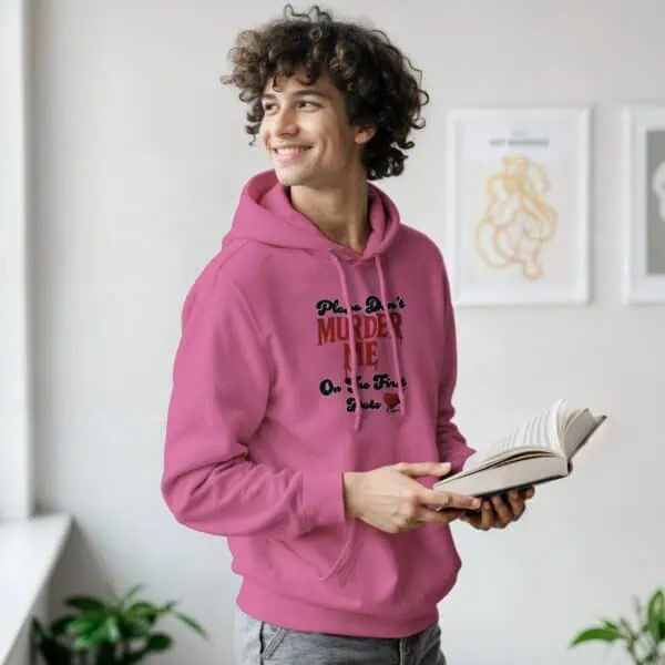 man in cozy true crime hoodie at home