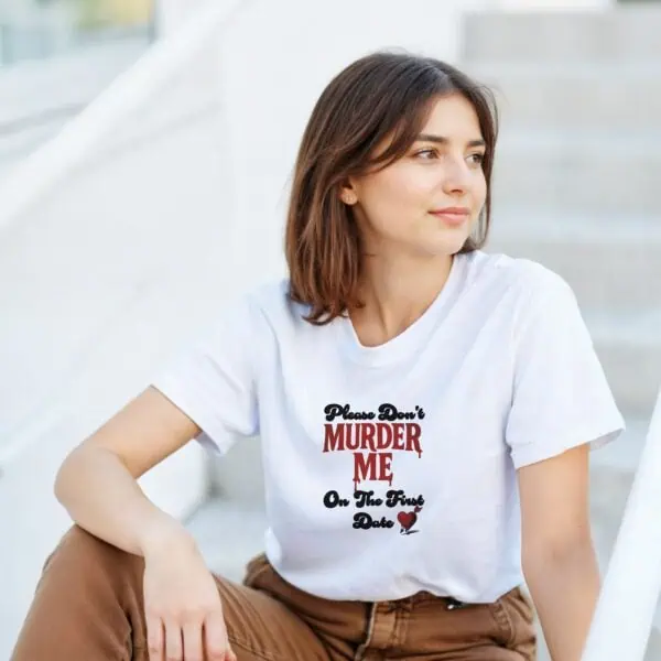 woman wearing dark humor tee for charity