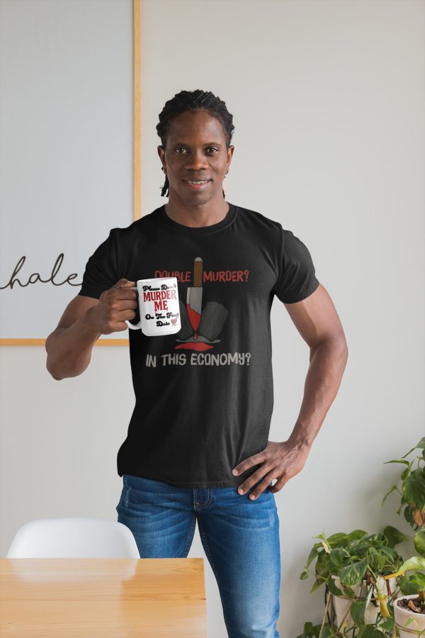 dark humor coffee mug in front of dark humor true crime shirt for goths