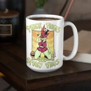 thick thighs spooky vibes witchy pinup coffee mug for halloween