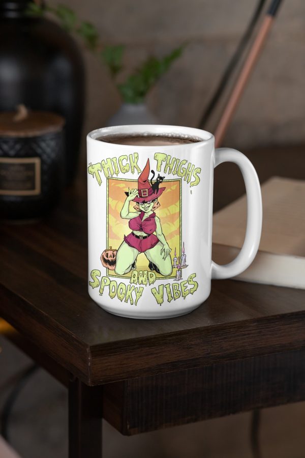thick thighs spooky vibes witchy pinup coffee mug for halloween