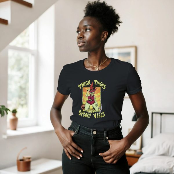 Black woman in halloween pinup women's shirt