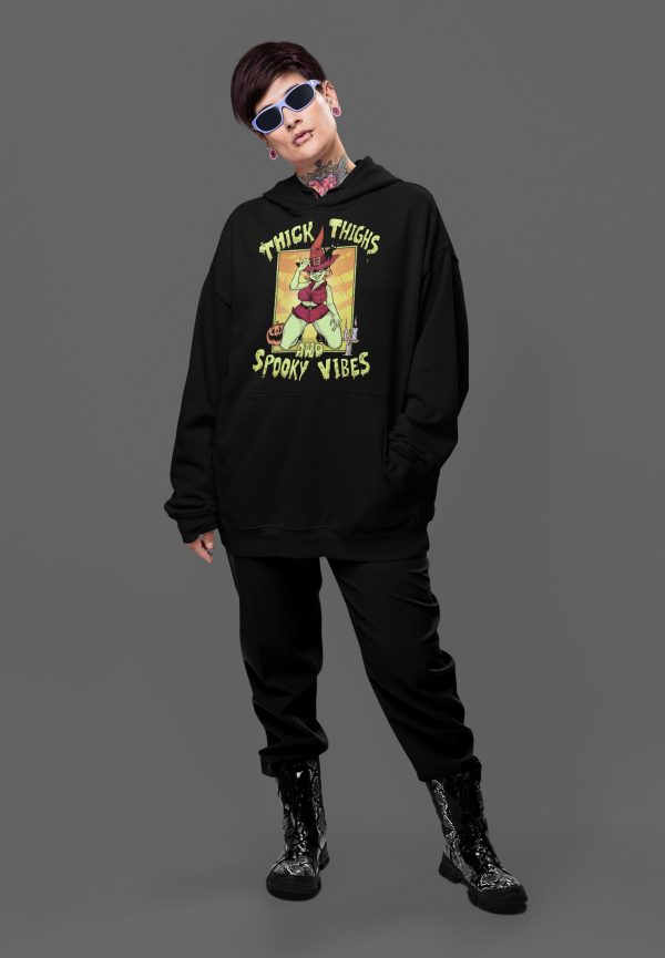 alternative person in alt style hoodie featuring a pinup witch