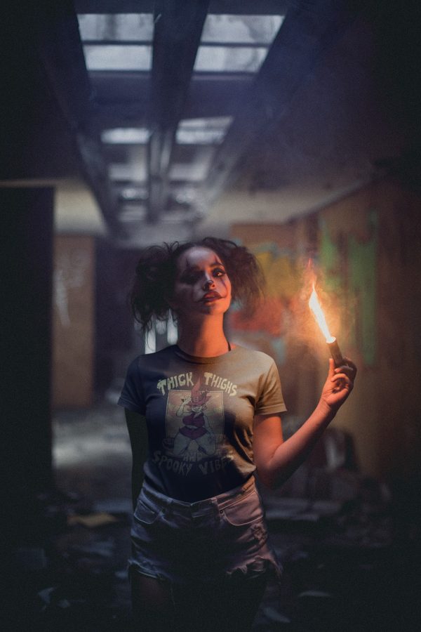 spooky girl in cute goth witch t-shirt